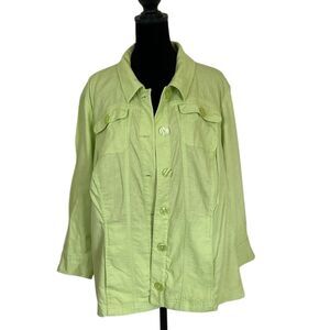 CJ Banks Womens Linen Blend Jacket 1X Lime Green Button Front Long Sleeve Summer